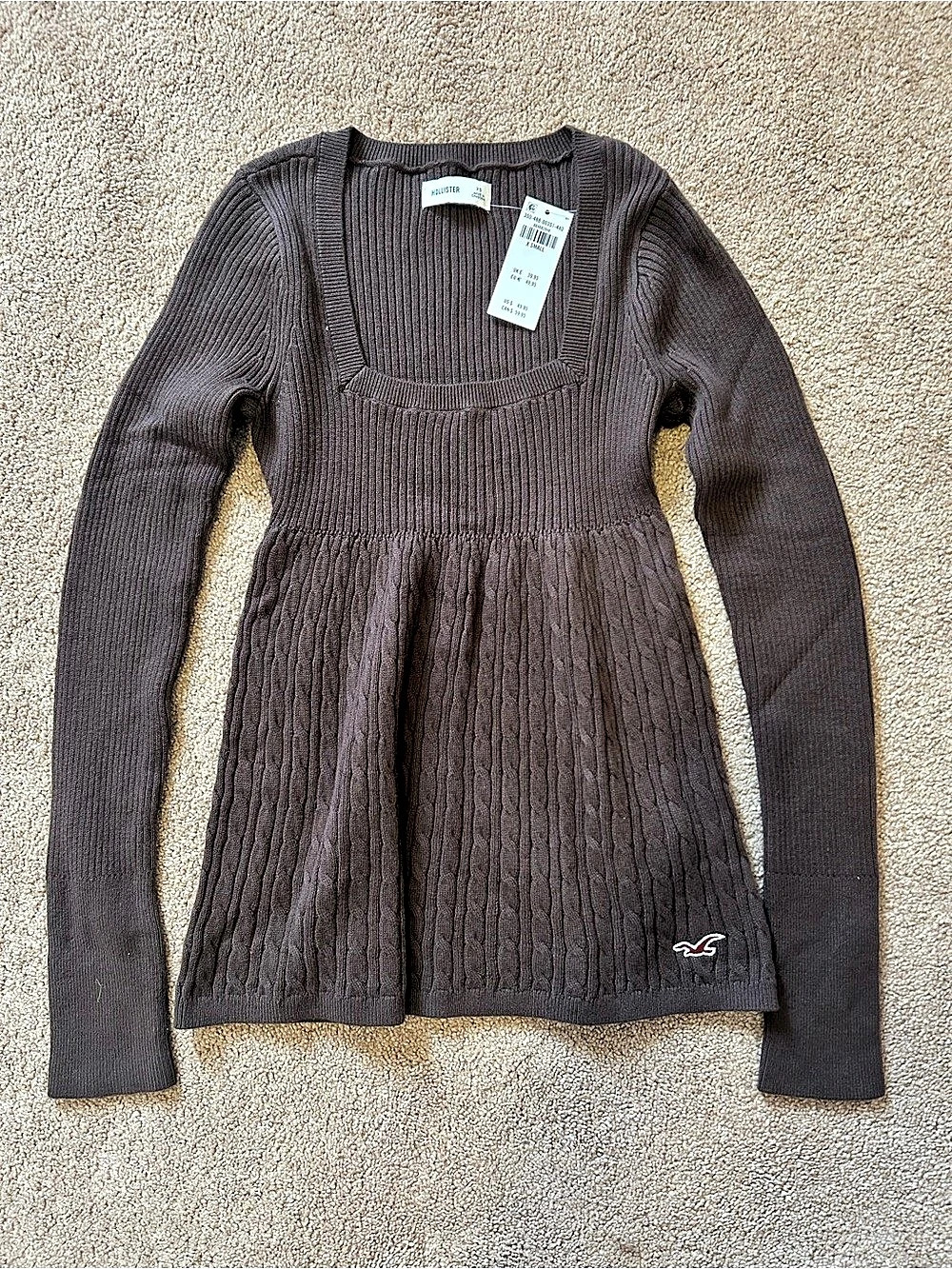 Hollister Long-Sleeve Square-Neck Babydoll brown knit sweater